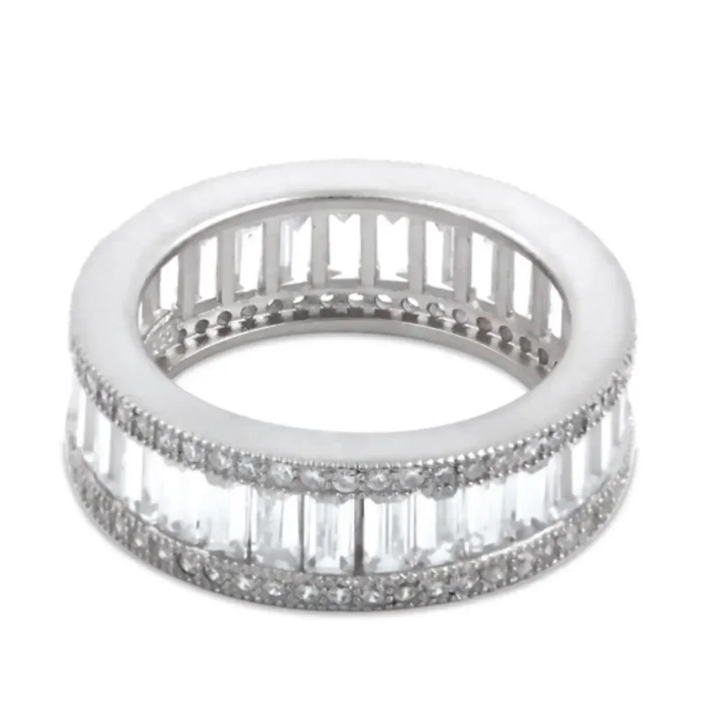 Sterling Silver Emerald Cut Eternity Pave CZ Ring New
